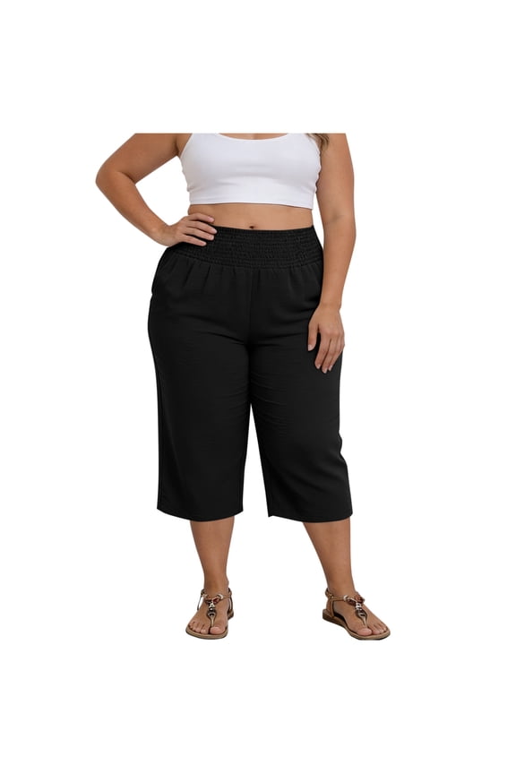 Womens Plus Size Capris with Pockets- Baggy Quick Dry Wide Leg Casual High Waist Summer Beach Pants Black Size 3XL