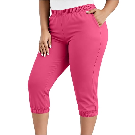 Tdoqot Womens Plus Size Capris with Pockets- Slim Leg High Rise Casual Elastic Waist Summer Pants Pink Size 3XL