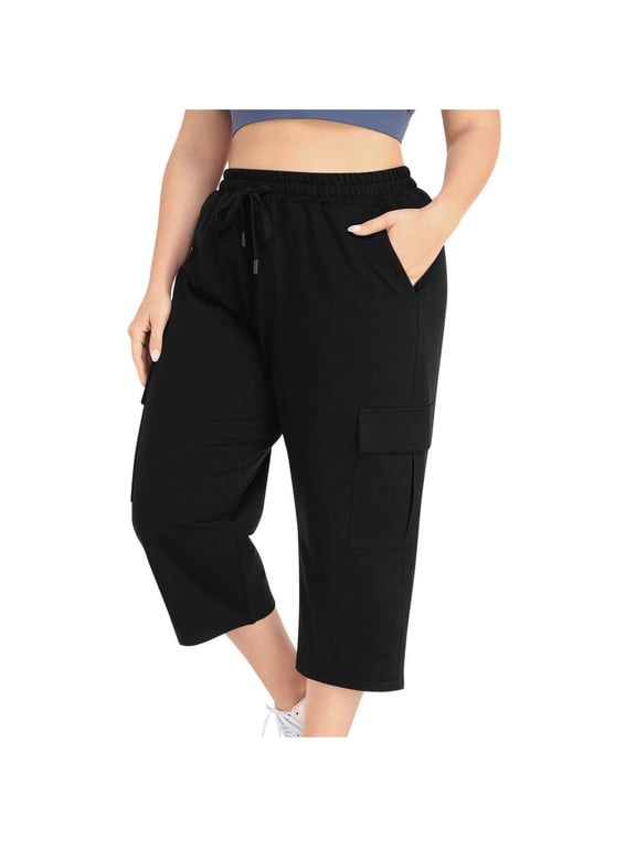 Womens Plus Size Capris with Pockets- Summer Casual Soft Baggy Elastic Waist Cargo Pants Black Size 2XL
