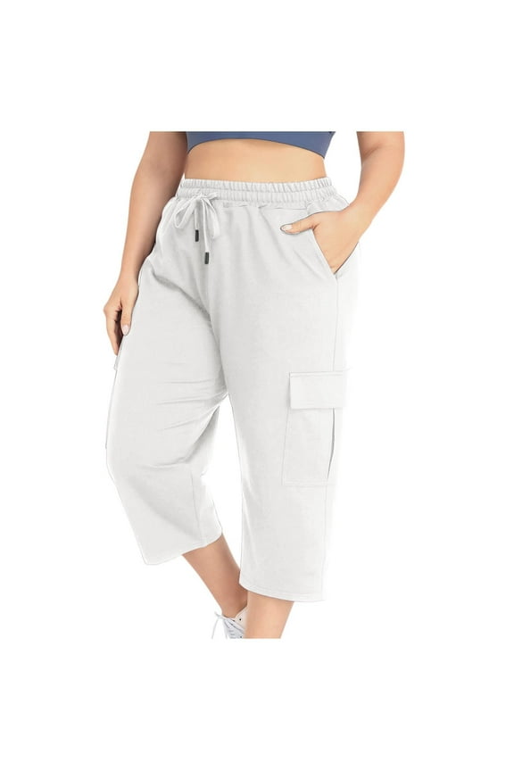 Womens Plus Size Capris with Pockets- Summer Soft Baggy Casual Elastic Waist Cargo Pants White Size L-5XL