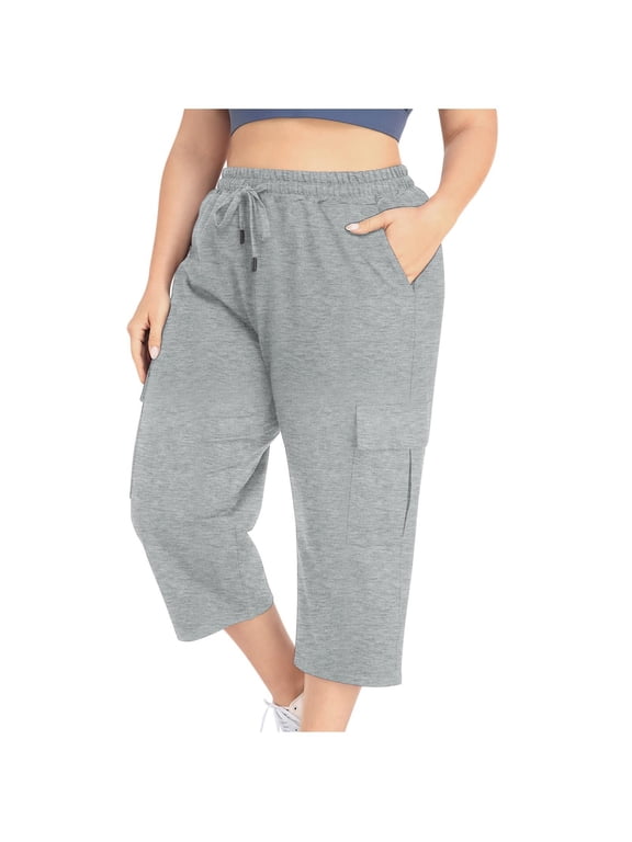 Womens Plus Size Capris with Pockets- Summer Soft Casual Baggy Elastic Waist Cargo Pants Gray Size 2XL