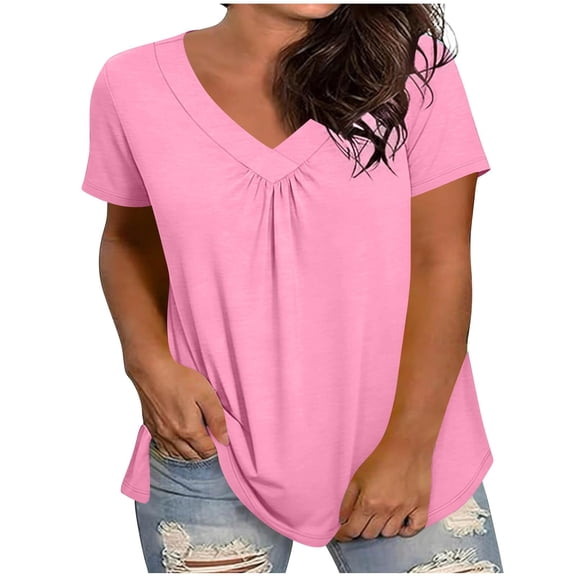 Tdoqot Womens Plus Size Cotton Pleated T Shirts- Short Sleeve V-Neck Loose Fit Casual Cute Summer Tops Pink Size 4XL