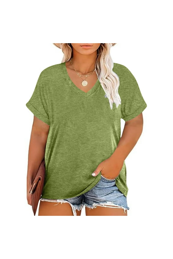 Womens Plus Size Cotton T Shirts- Short Sleeve Loose Casual V-Neck Summer Tops Tees Green Size 2XL