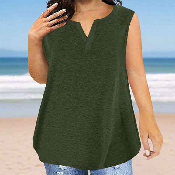 Tdoqot Womens Plus Size Cotton Tank Tops- Casual Sleeveless V-Neck Soft Summer Shirts Army Green Size 2XL