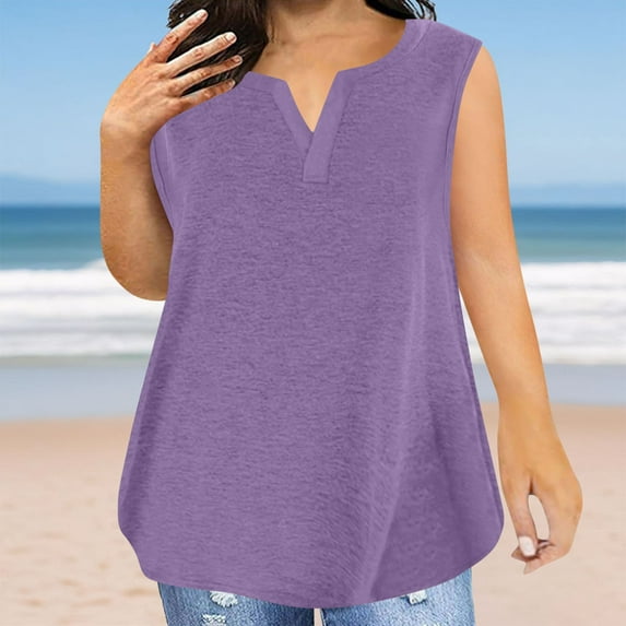 Tdoqot Womens Plus Size Cotton Tank Tops- Casual V-Neck Soft Sleeveless Summer Shirts Purple Size 4XL