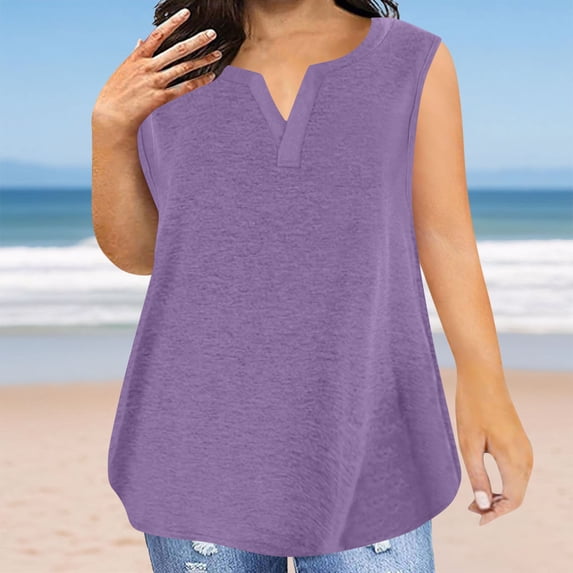 Tdoqot Womens Plus Size Cotton Tank Tops- Casual V-Neck Soft Sleeveless Summer Shirts Purple Size XL