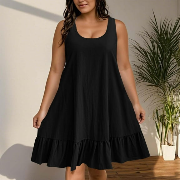 Tdoqot Womens Plus Size Dresses Sundress- Flowy Summer Sleeveless Casual Tank Midi Dresses Black Size L
