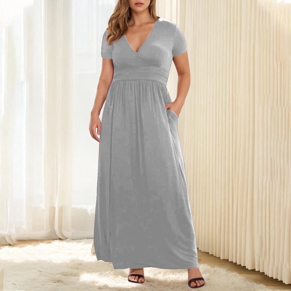 Tdoqot Womens Plus Size Dresses with Pockets- Elegant Casual Short Sleeve Soft Deep V Neck Summer Maxi Dress Gray Size 2XL