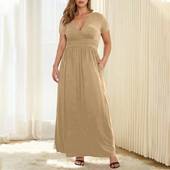 Tdoqot Womens Plus Size Dresses with Pockets- Short Sleeve Soft Deep V Neck Elegant Casual Summer Maxi Dress Khaki Size XL