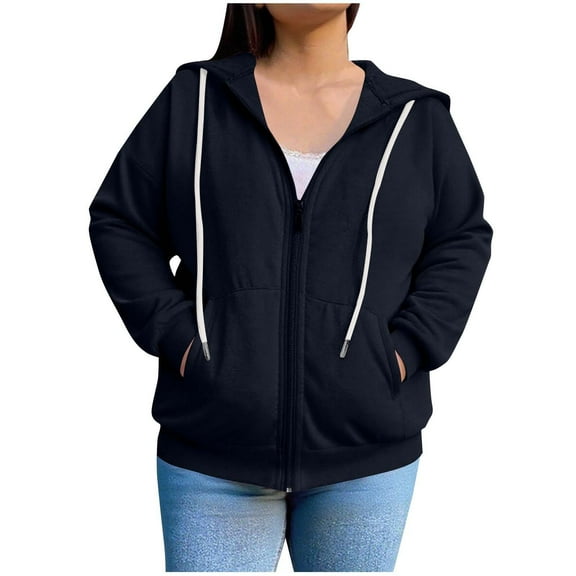 Tdoqot Womens Plus Size Hoodies Front Zipper- Long Sleeve Casual Classic Loose Sweatshirt Dark Blue Size XL