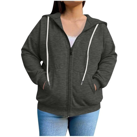 Tdoqot Womens Plus Size Hoodies Front Zipper- Long Sleeve Casual Loose Classic Sweatshirt Gray Size XL