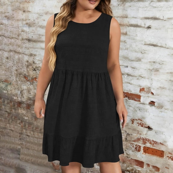 Tdoqot Womens Plus Size Ruffle Sundress with Pockets- Casual Crewneck Sleeveless Summer Midi Tank Dress Black Size XL-5XL