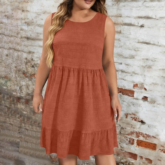 Tdoqot Womens Plus Size Ruffle Sundress with Pockets- Sleeveless Casual Crewneck Summer Midi Tank Dress Brown Size L