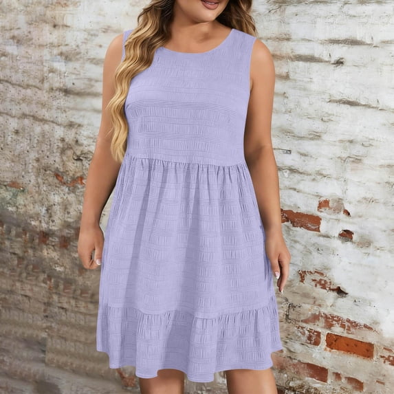 Tdoqot Womens Plus Size Ruffle Sundress with Pockets- Summer Crewneck Sleeveless Casual Midi Tank Dress Purple Size L