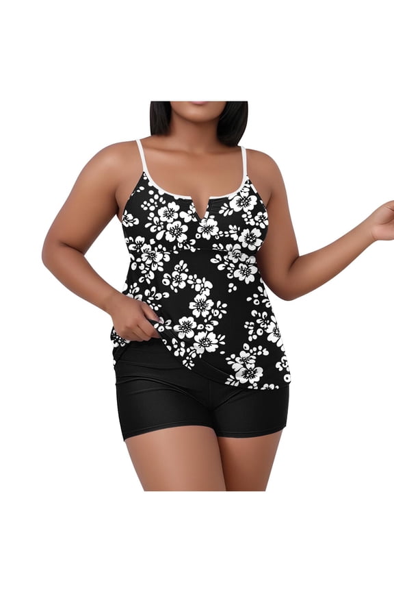 Womens Plus Size Swimsiuits Tankini 2 PC- Backless Halter Modest Built In Bra Floral Bathing Suit Black Size 2XL