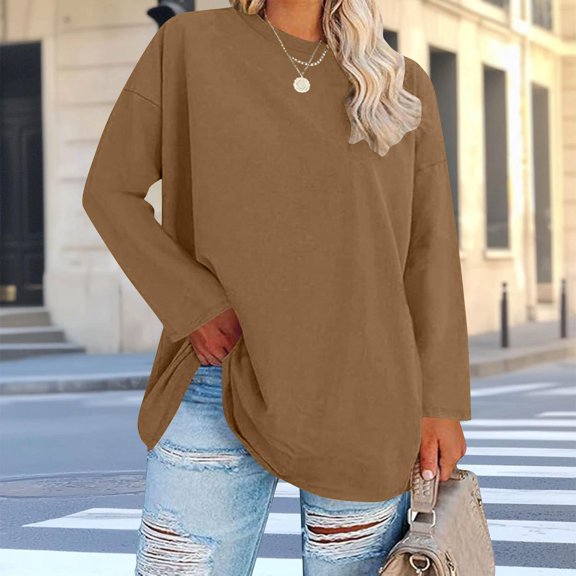 Tdoqot Womens Plus Size T Shirts- Casual Long Sleeve Crewneck Loose Fit Spring Tops Basic Tees Khaki Size XL