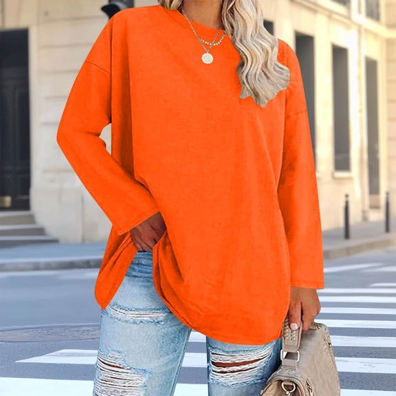 Tdoqot Womens Plus Size T Shirts- Crewneck Casual Loose Fit Long Sleeve Spring Tops Basic Tees Orange Size XL