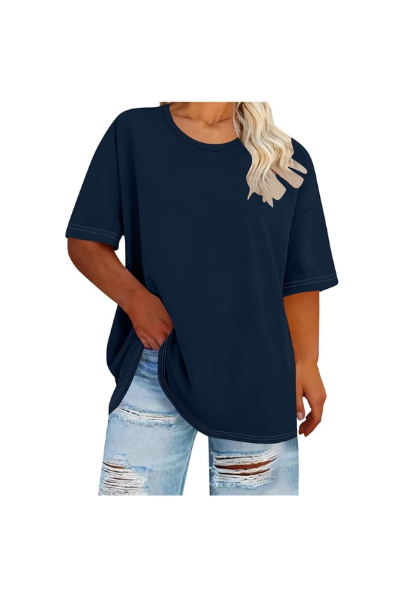 Womens Plus Size T Shirts Short Sleeve- Crewneck Soft Loose Casual Summer Tops Tees Navy Size 4XL