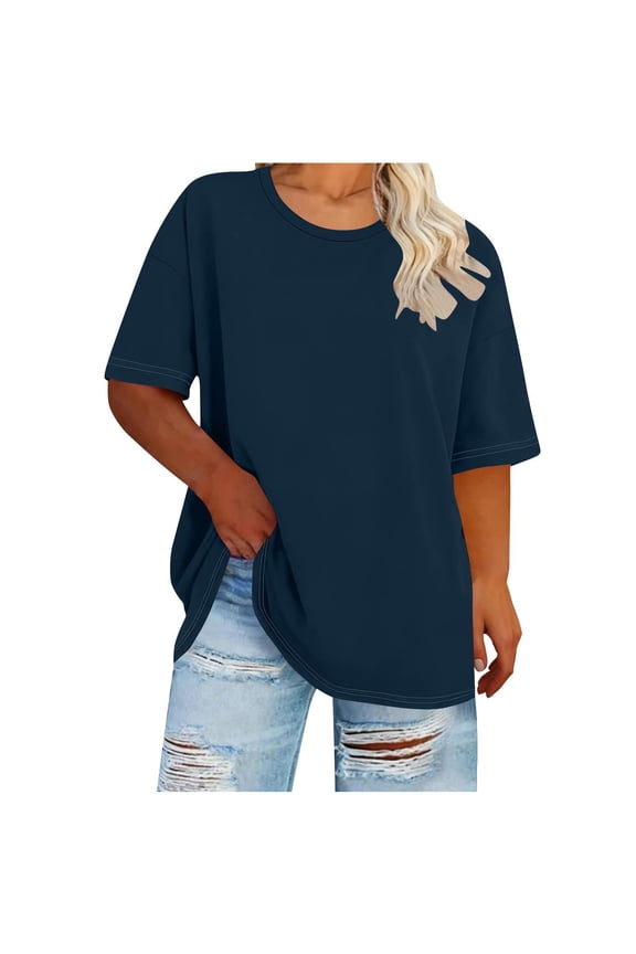Womens Plus Size T Shirts Short Sleeve- Loose Casual Soft Crewneck Summer Tops Tees Dark Blue Size 4XL