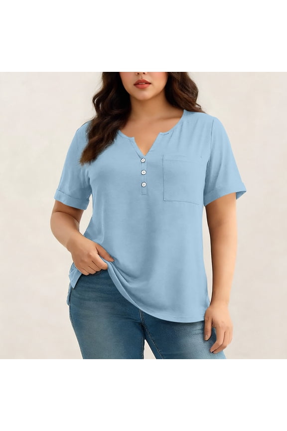 Womens Plus Size T Shirts with Poccket- Casual Short Sleeve Loose Fit V-Neck Summer Tops Tee Light Blue Size XL-5XL