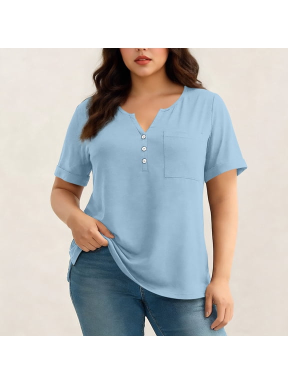 Womens Plus Size T Shirts with Poccket- V-Neck Short Sleeve Casual Loose Fit Summer Tops Tee Light Blue Size 2XL