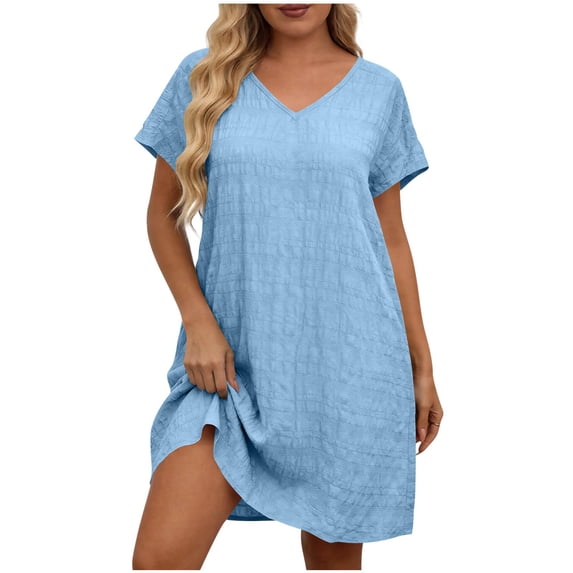 Tdoqot Womens Plus Size Trendy Pleated Dresses- V-Neck Loose Fit Casual Short Sleeve Summer Midi T Shirt Dress Light Blue Size 4XL