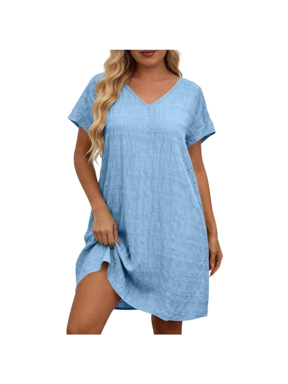 Womens Plus Size Trendy Pleated Dresses- V-Neck Short Sleeve Casual Loose Fit Summer Midi T Shirt Dress Light Blue Size 3XL