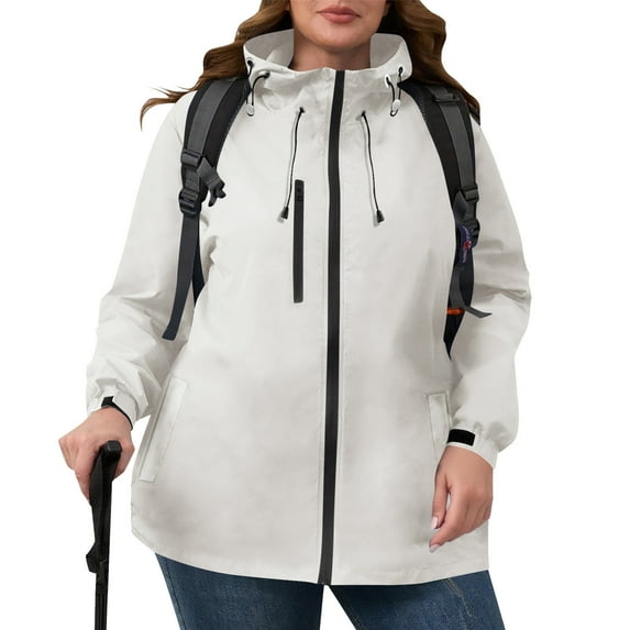 Tdoqot Womens Plus Size Windbreaker with Hood- Lightweight Loose Fit Casual Outdoor Waterproof Raincoat Hiking Jacket White Size L