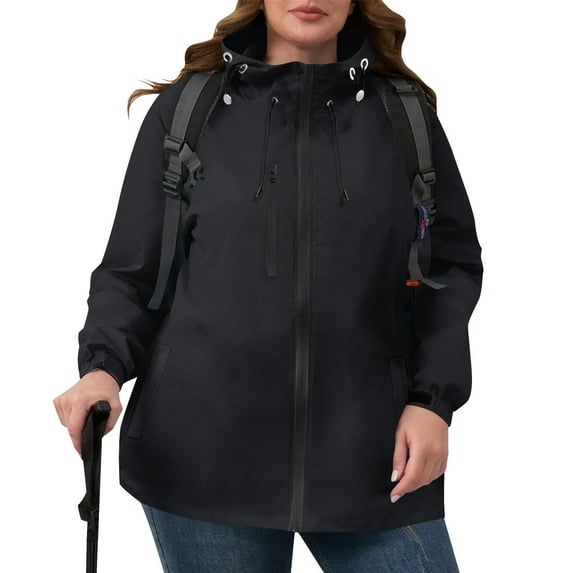 Tdoqot Womens Plus Size Windbreaker with Hood- Lightweight Outdoor Loose Fit Casual Waterproof Raincoat Hiking Jacket Black Size S-4XL