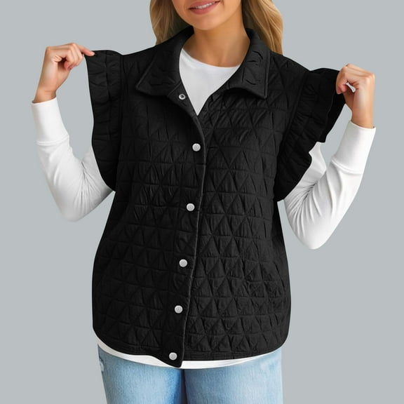 Tdoqot Womens Puff Vest Outwear- Lightweight Ruffle Sleeve Button Up Casual Cute Quilted Jacket Black Size M