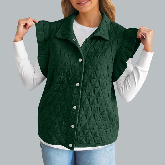 Tdoqot Womens Puff Vest Outwear- Lightweight Ruffle Sleeve Casual Button Up Cute Quilted Jacket Green Size M