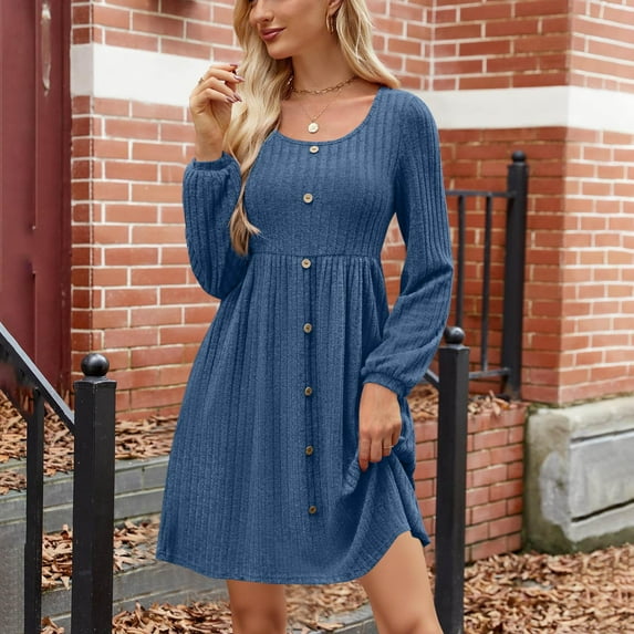 Tdoqot Womens Ribbbed Dresses 2025 with Pockets- Casual Flowly Crewneck Long Sleeve Fall Midi Dress Blue Size S-2XL