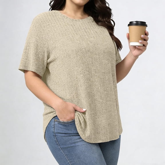 Tdoqot Womens Ribbed Plus Size T Shirts- Casual Crewneck Short Sleeve Soft Summer Tops Blouse Khaki Size 2XL