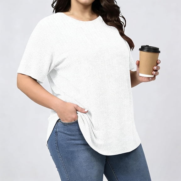 Tdoqot Womens Ribbed Plus Size T Shirts- Casual Crewneck Short Sleeve Soft Summer Tops Blouse White Size XL