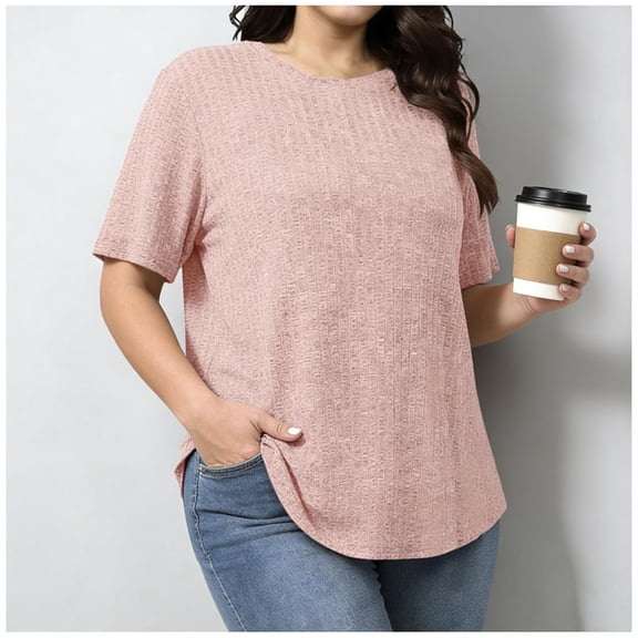 Tdoqot Womens Ribbed Plus Size T Shirts- Short Sleeve Soft Casual Crewneck Summer Tops Blouse Pink Size XL