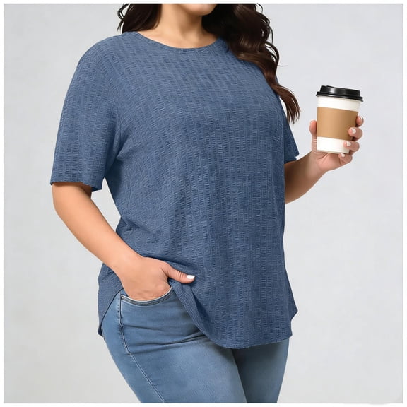 Tdoqot Womens Ribbed Plus Size T Shirts- Soft Crewneck Casual Short Sleeve Summer Tops Blouse Blue Size XL-5XL