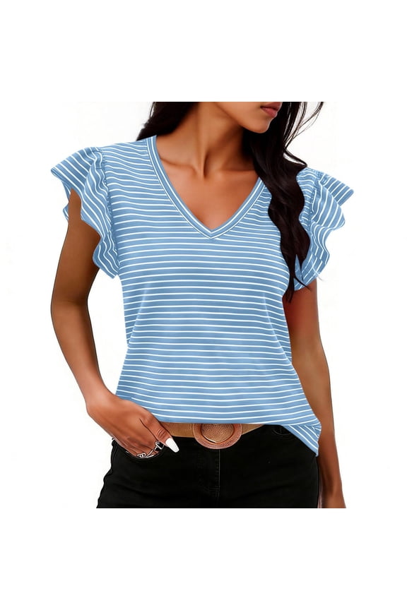 Womens Ruffle Sleeve Striped T Shirts- Casual Cute V-Neck Short Sleeve Summer Tops Light Blue Size S