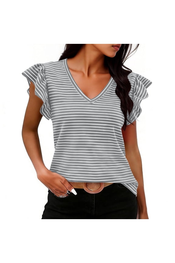 Womens Ruffle Sleeve Striped T Shirts- Cute Short Sleeve Casual V-Neck Summer Tops Gray Size XL