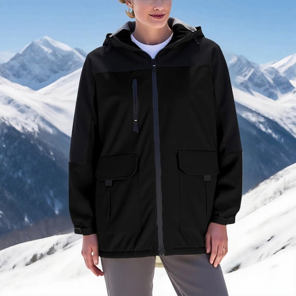 Tdoqot Womens Snow Jackets Waterproof- Hooded Midweight Casual Full Zip Hiking Jacket Windbreaker Black Size XS