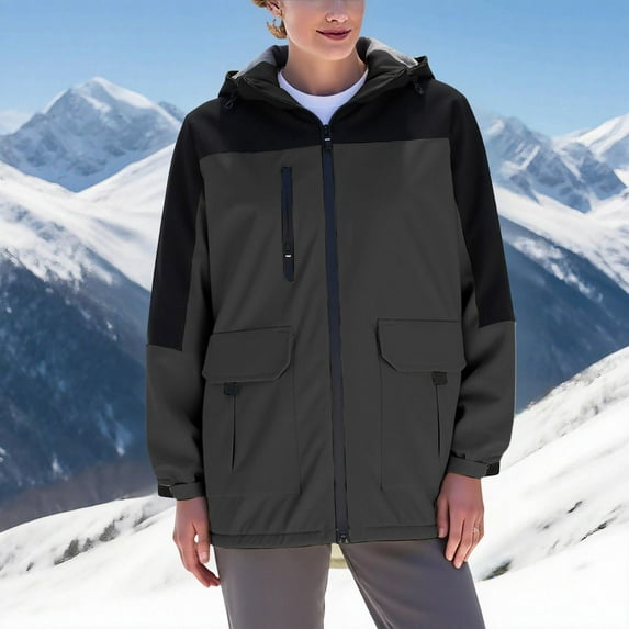 Tdoqot Womens Snow Jackets Waterproof- Midweight Casual Hooded Full Zip Hiking Jacket Windbreaker Gray Size XS