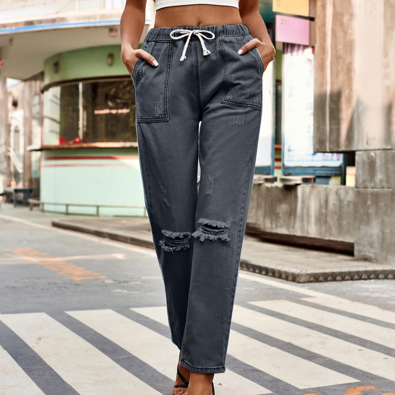 Tdoqot Womens Straight Leg Jeans- High Rise Drawstring Elastic Waist  Drawstring Pull on Stretch Denim Pants Black Size 4