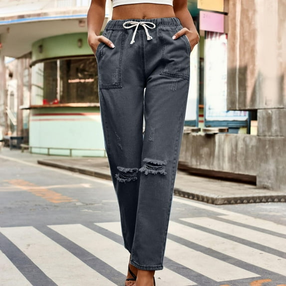 Tdoqot Womens Straight Leg Jeans- High Rise Drawstring Elastic Waist Drawstring Pull on Stretch Denim Pants Black Size 4