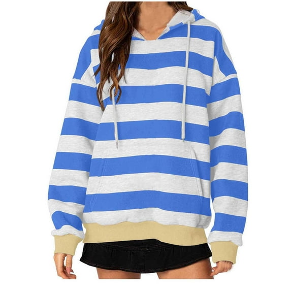 Tdoqot Womens Striped Hoodies with Pockets- Casual Loose Long Sleeve Fashion Oversized Sweatshirt Light Blue Size M
