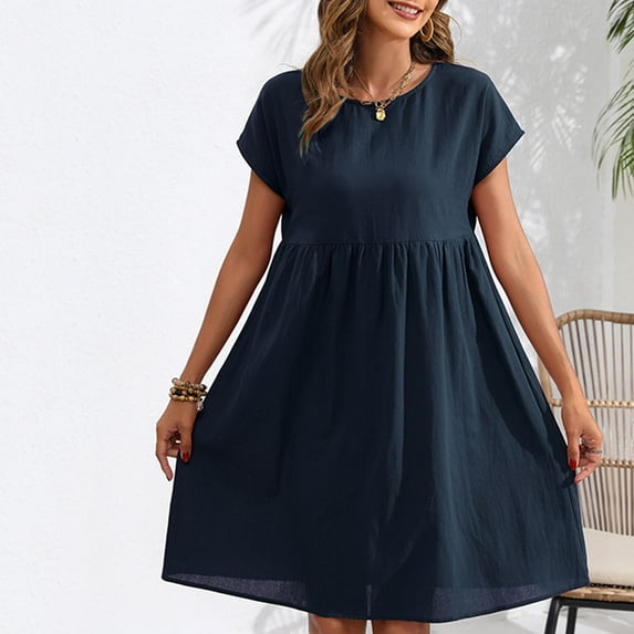 Tdoqot Womens Summer Dresses 2024- Short Sleeve Elegant Cotton Linen Loose Fit Casual Sundress Midi Dresses with Pockets Navy Size S