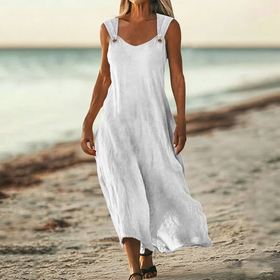 Tdoqot Womens Sundress Beach Dress- Summer Casual Strap Sleeveless Loose Maxi Dresses White Size 2XL