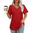 thumbnail image 1 of Tdoqot Womens T Shirts 2025 New Trendy- Casual Loose Fit V-Neck Short Sleeve Summer Tops Tees Red Size S, 1 of 8