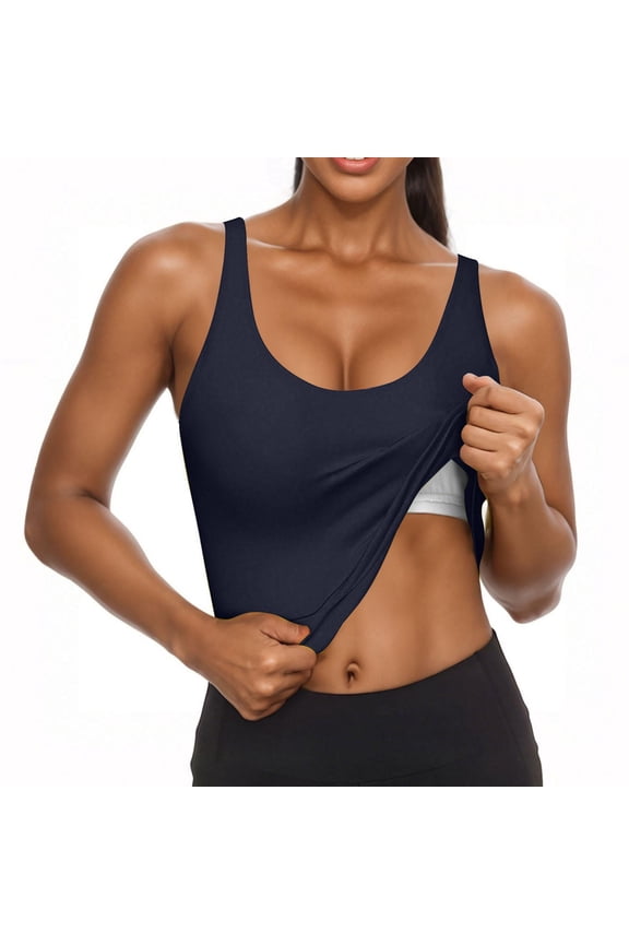 Womens Tank Tops Built in Bra- Summer Slim Fit Strap Soft Crewneck Workout Undershirt Navy Size XL