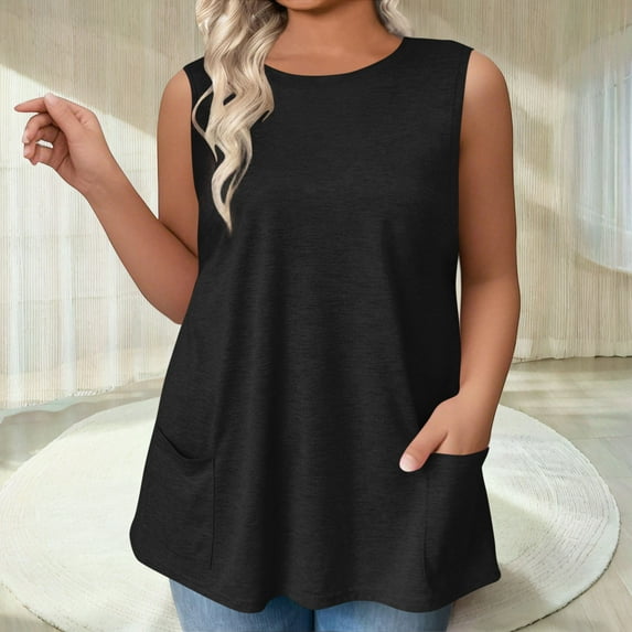 Tdoqot Womens Tank Tops with Pockets- Crewneck Sleeveless Casual Loose Fit Soft Summer Cotton Shirts Black Size XL