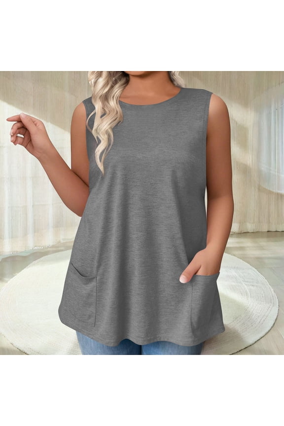 Womens Tank Tops with Pockets- Crewneck Summer Sleeveless Soft Casual Loose Fit Cotton Shirts Gray Size 2XL