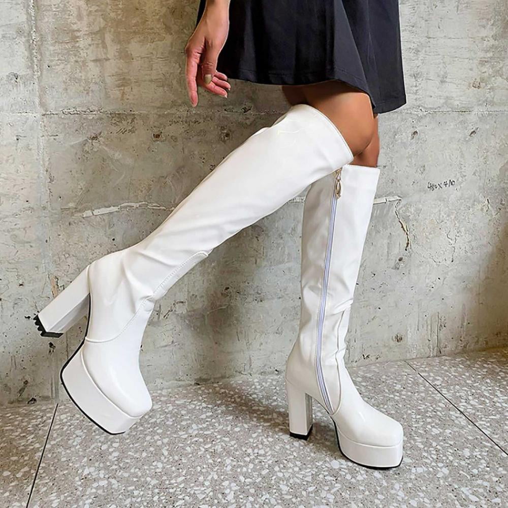 White thigh high 2025 boots chunky heel